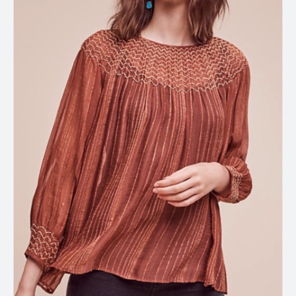 LOVE SAM Anthropologie Metallic Gauze Peasant Blouse Dusty Rose Size S